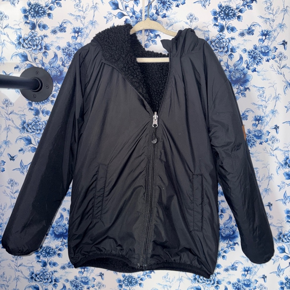 deux par deux Black Hooded Puffer Jacket with Sherpa Lining